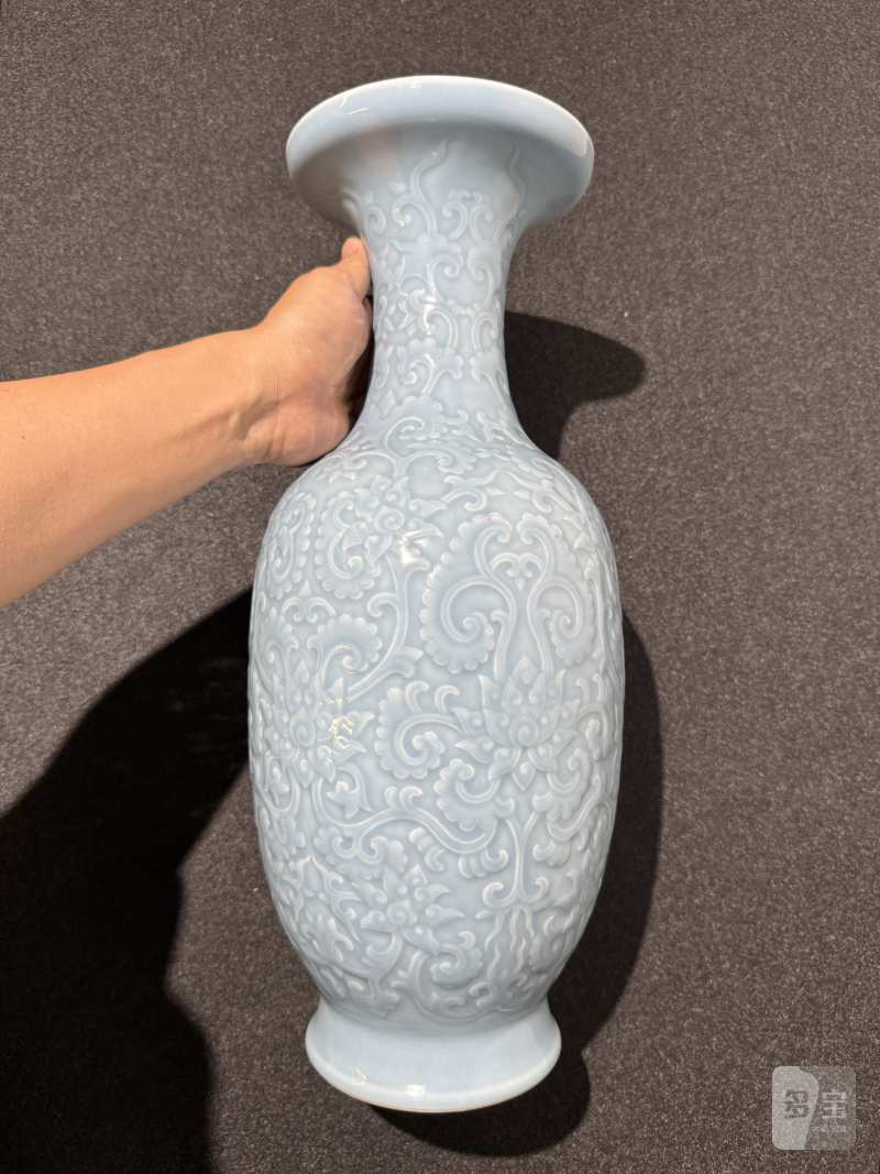 清晚期 天蓝釉模印缠枝宝相花纹盘口瓶 - 图4